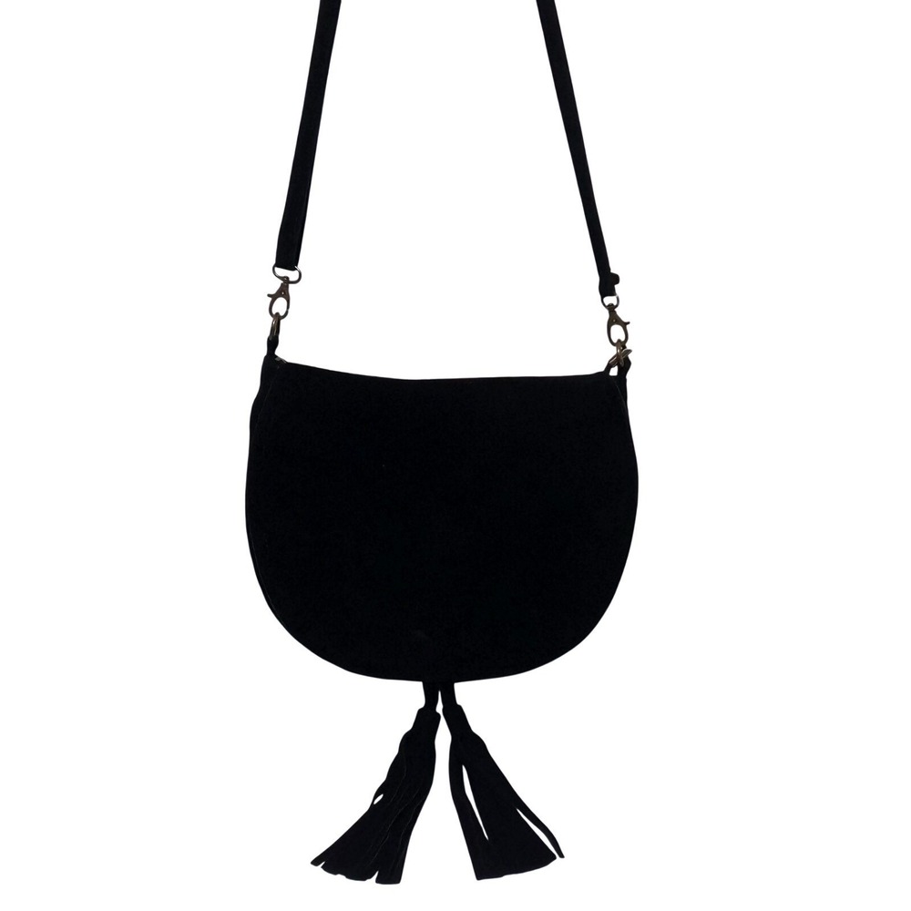 Vtg Borse in Pelle Black Suede Leather Tassel Boho Crescent Crossbody Saddle Bag